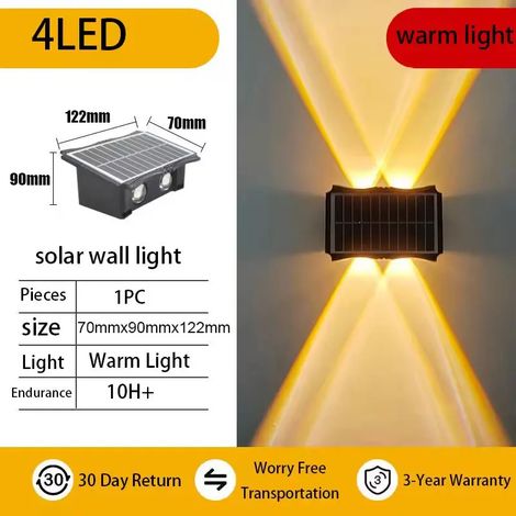 (1 lampe solaire murale extérieure à lumière chaude, 4 LED) étanche, éclairage vers le haut et vers le bas, pour balcon, cour ou jardin. Décoration murale extérieure. (1/5)