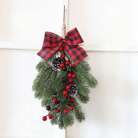 Guirlande De Noël - Guirlande Hivernale Avec Pommes De Pin Et Nœud Rouge - Décoration Murale Pour Porte D'Entrée Intérieure Et Extérieure - 1 Pièce (1/4)