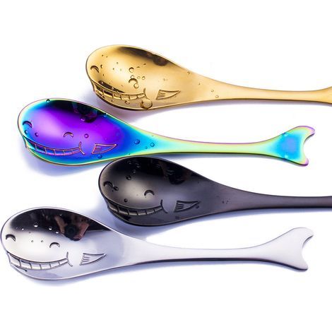 Ensemble de 4 cuillères à café. à dessert. à glace. à thé et autres ustensiles en acier inoxydable en forme de baleine. (1/4)