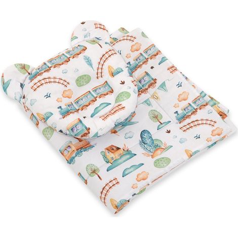 Edredón de osito de peluche con relleno y almohada contorneada - Juego de 2 piezas - Tren turquesa (1/5)
