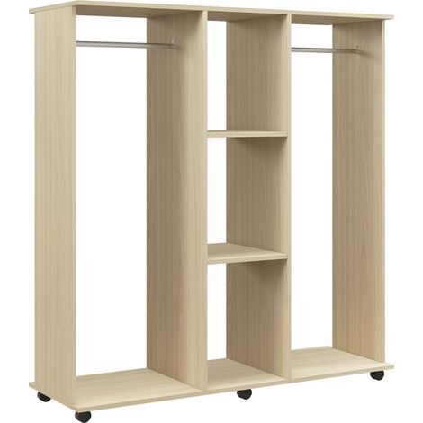 Armadio Guardaroba a Rotelle 120x40x128 cm con 2 Barre e 3 Ripiani Aperti in Legno e Alluminio Color Legno (1/5)