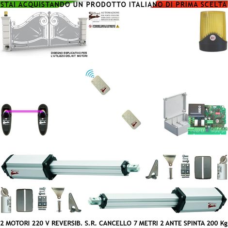 Kit Base Apricancello Elettrico 230 V Ricambio X Cancello da 7 MT 2 Ante da 3,5 Metri 2 Motori 220 V Stelo Retrattile Reversibile Corsa 600 mm Spinta 250 Kg Centrale Fotocellule 2 Radiocomandi Faro (1/4)