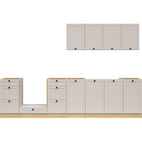 Cuisine complète 300 cm,Ensemble de meuble de cuisine coloris chêne Bernstein/Uni cachemire, plan de travail non inclus (1/4)