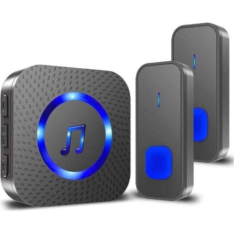 - Sonnette sans Fil Carillon de Porte Exterieur IP55 Étanche à 400M Deux Bouton Emetteurs avec Un Récepteur Enfichable, Indicateur LED Bleu, 5 Niveaux Volumes et 55 Mélodies, Noir (1/5)