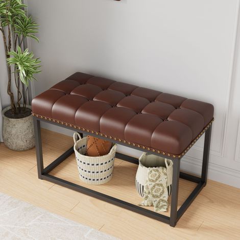 Banc rétro capitonné 91 cm (36 po), assise en cuir synthétique matelassé, piètement en acier industriel, parfait pour entrée, chambre, salon ou pied de lit (couleur brun). (1/5)