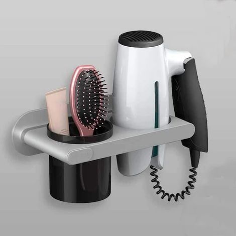 Soporte de pared para secador de pelo, autoadhesivo, sin taladro, accesorio de baño, compartimento de almacenamiento, gris (1/2)