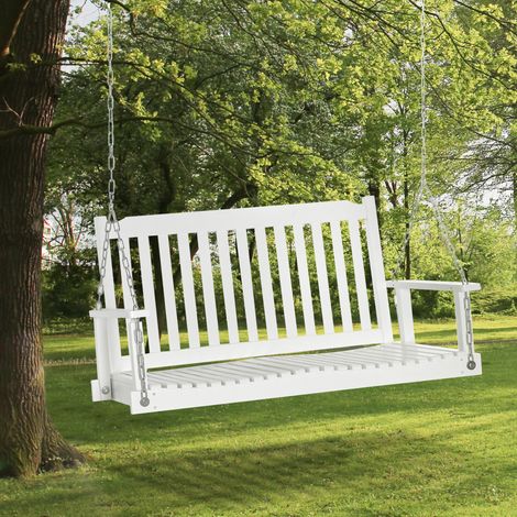 Balançoire de jardin pour 2 personnes, banc suspendu, bois massif, patio, terrasse, jardin, blanc, 117 x 69 x 60 cm