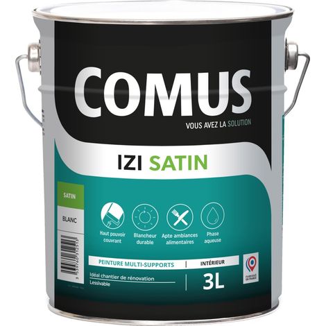 Comus – Peinture acrylique satinée 3L – Lessivable et résistante aux produits de nettoyage – Pour murs, plafonds et boiseries – Séchage rapide (1/4)