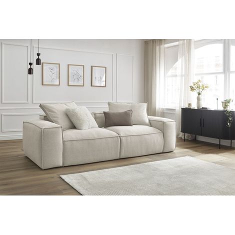 Bobochic – Canapé droit fixe ultra moelleux 3 places – Tissu chiné beige – Structure en bois de hêtre et pin – Garnissage mousse HD et silicone (1/5)
