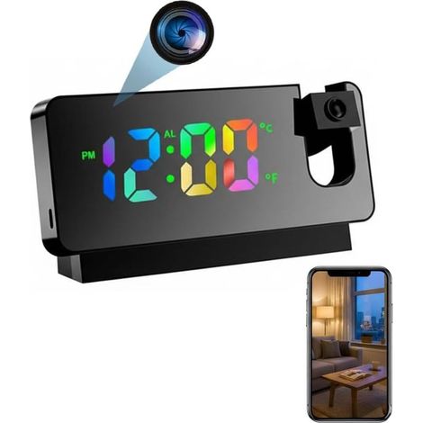 wecker-uhr-und-kamera-in-einem-gerat-mit-farbdisplay-und-jederzeitiger-aufnahmefunktion-die-hd-uhr-kamera-verfugt-uber-farbprojektion-240258993