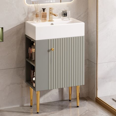 Meuble de salle de bain avec vasque 55 cm, grand espace de rangement, pieds en métal, petit meuble de salle de bain d'invités, Gris (1/5)