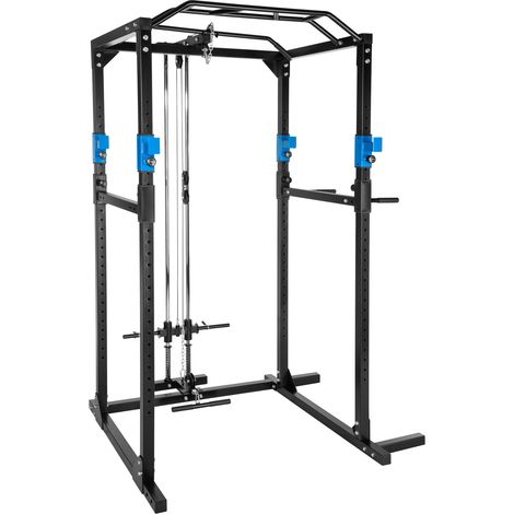 Cage de musculation en acier noir/bleu avec barre traction double