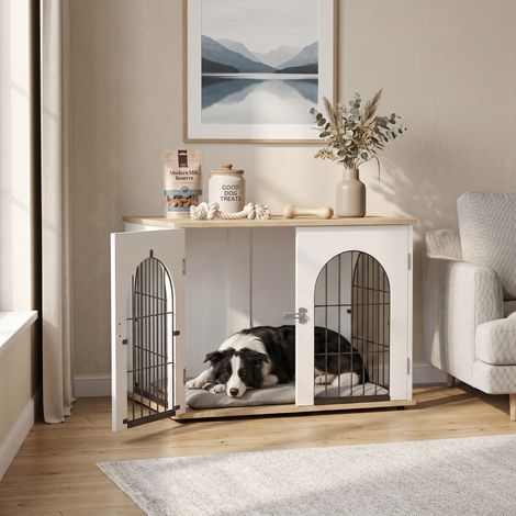 Meuble cage à chien design arche blanc en métal 80 x 56 x 59 cm fonction table d’appoint déco pour salon, double porte verrouillable sécurisée pour chien de taille moyenne (1/5)