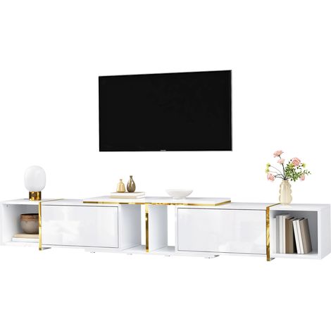 Meuble TV Extensible Blanc Brillant avec Bords Dorés, Banc TV Modulable 275 cm, Rangements Ouverts et Passe-Câbles (1/5)