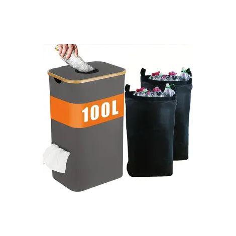 100L Pfandflaschen Aufbewahrung mit Deckel,Inklusive 2 wiederverwendbare Innentaschen,Für Küche,Büro,Outdoor,Groß Behälter Flaschensammler,Mülleimer,Lagerbehälter, Grau. (1/5)