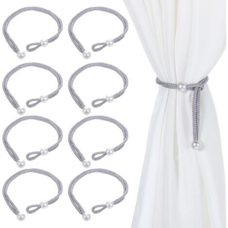 Lot de 8 embrasses de rideaux réglables en corde grise avec boucle de rideau en perles, style simple et décoratif pour maison, hôtel, bureau, fenêtre (1/5)