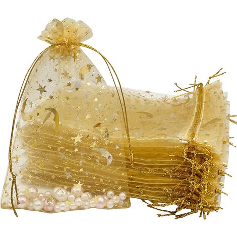Lot de 100 sacs cadeaux à cordon en organza imprimé étoiles et lune, pochettes à bijoux pour fêtes (1/5)