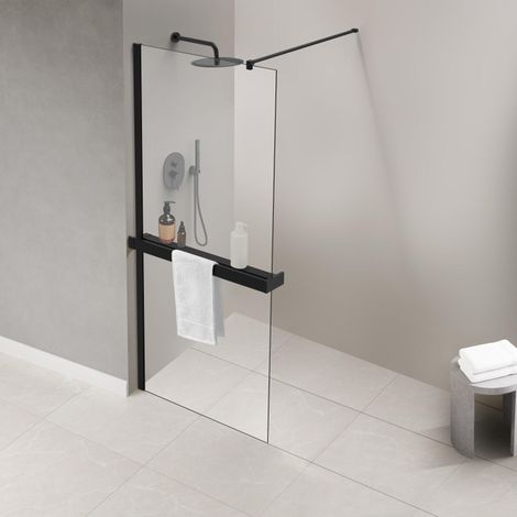 Fortifura – Porte-serviettes mural pour douche à l’italienne – Fixation sur verre – Longueur 140 cm – Noir mat – Recoupable