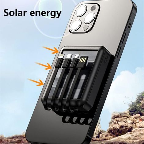 Chargeur Solaire Portable 10000mAh avec 4 Câbles Intégrés & Lampe de Poche LED - Power Bank Antipoussière, Antichoc et Splashproof - Charge Rapide USB C pour Camping en Plein Air (Noir) (1/4)