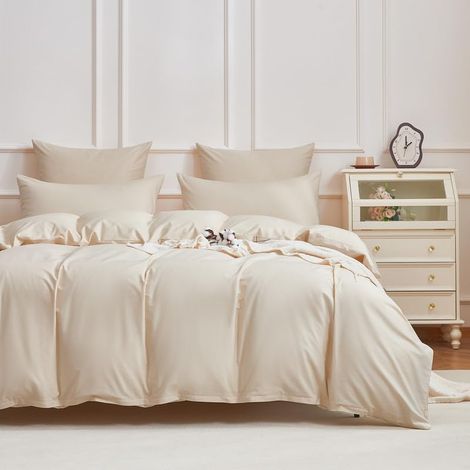 Parure de lit en satin de coton mako 135 x 200 cm Beige 40S à longues fibres Housse de couette 135 x 200 cm et taies d'oreiller 80 x 80 cm avec fermeture éclair (1/5)