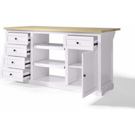 Îlot de cuisine blanc en MDF 150 x 65 x 75,5 cm avec 5 tiroirs et plateau rabattable (1/5)