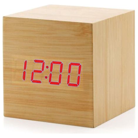 Horloge réveil numérique en bois LED – Affichage heure, date, température – 3 niveaux de luminosité – Design cube moderne 6x6x6cm (1/5)
