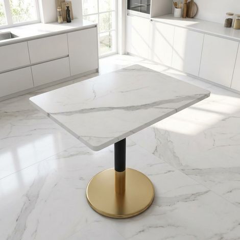 Table à manger moderne rectangulaire 2 places, plateau en bois texturé marbre blanc, pieds centraux noir et doré, 80x60x75 cm (1/4)