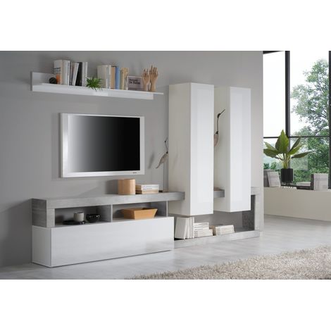 Set mobili soggiorno con contenitori, collezione BURA, bianco laccato/grigio effetto cemento
