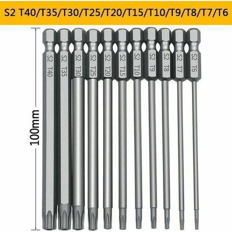 11 pièces 100mm S2 1/4 pouces tournevis Torx embouts hexagonaux de précision perceuse tournevis de sécurité magnétique T6-T40 tournevis Torx à tête longue (1/5)