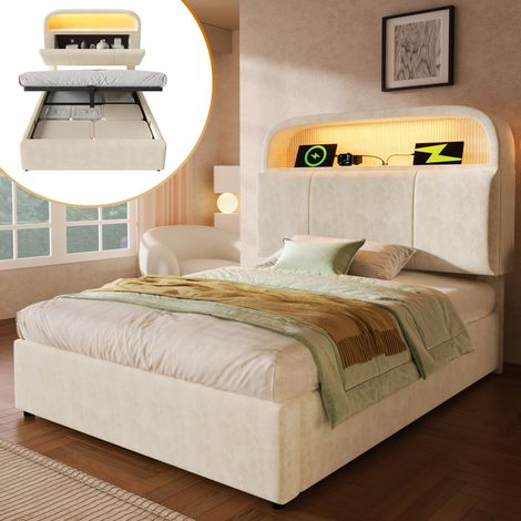 Lit simple capitonné moderne 90x200 cm en velours beige avec tête de lit réglable, coffre hydraulique, LED, USB et sommier à lattes (1/5)