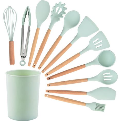 Lot de 12 Ustensiles de cuisine en silicone avec manche en bois, antiadhésif, facile à nettoyer, pour cuisson et pâtisserie (1/5)