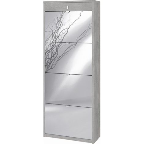 Schuhschrank mit vier Spiegeltüren und einer oberen Schublade Beton Cemento 63x29x H164 cm
