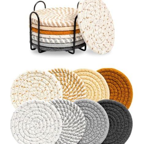 Juego de 8 posavasos tejidos con soporte, decoración del hogar (1/5)