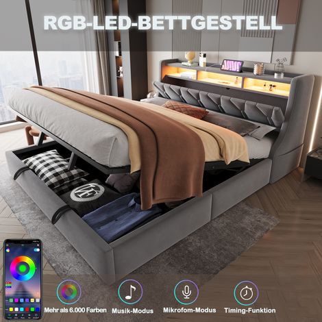 Lit rembourré 180 x 200 cm, lit de rangement hydraulique, tête de lit rembourrée rabattable avec espace de rangement, prise et niche de rangement, éclairage LED, pieds de lit élargis, tissu velours gr (1/5)