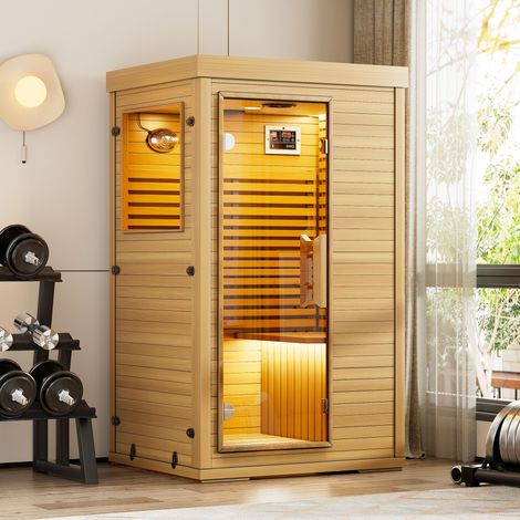 Sauna Infrarouge Loin - Cabine Sauna Intérieure Pour 1 Personne - Bois D'épinette Du Canada - Contrôleur Numérique - Haut-Parleurs Bluetooth - Lampe De Lecture LED - 1000 W (1/5)