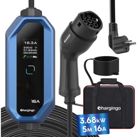 Câble de charge type 2 Schuko 3,68kW 6-16A Courant réglable avec écran LCD,câble de 5M, Chargeur EV portable pour toutes les voitures électriques IEC 62196-2 type 2 et CCS2-prise (1/5)