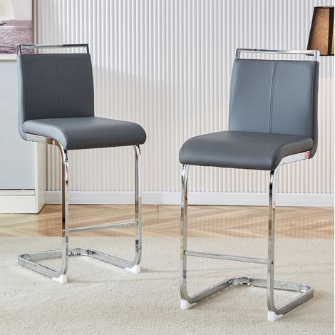 Taburetes de bar set de 2 en PU gris con respaldo y reposapiés HAVRYA (1/5)