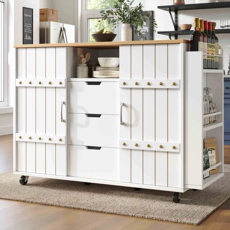 Küchenschrank, Servierwagen mit Holzmaserung, Küchenwagen mit rollen und arbeitsplatte, Küchenwagen mit Gewürzregal und Handtuchhalter, Kücheninsel mit Schiebetüren und Schubladen, weiß