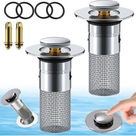 Bouchon De Vidange Pop Up - Acier Inoxydable 304 - Filtre Anti Cheveux Intégré - Pour Lavabo Et Baignoire - Diamètre 34 À 40 Mm - Lot De 2 (1/5)
