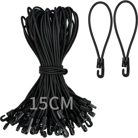 Lot de 15 cordes élastiques avec crochets de 15 cm, cordes de fixation universelles, tendeurs en caoutchouc pour bâches, rideaux, auvent, bannières, drapeaux, bagages de camping (1/5)