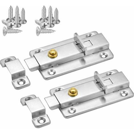 Verrou de porte coulissante, 4 pouces, verrou coulissant automatique à ressort élastique en acier inoxydable avec bouton (2 packs argent) (1/5)