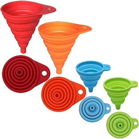 Juego de 4 piezas - Embudo plegable - Embudo de silicona - Transferencia de líquidos y polvos - Cocina y baño - Multicolor - 11 x 8,6 cm y 7,1 x 6,3 cm (1/5)