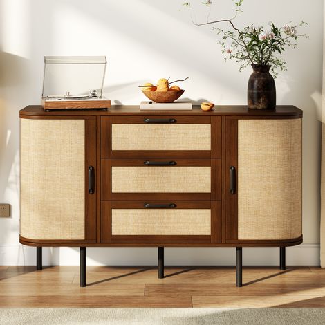 Buffet effet noyer 120x40x82 cm, 2 portes, 3 tiroirs, façades tressées, étagères réglables, pieds métal noir, MDF (1/5)