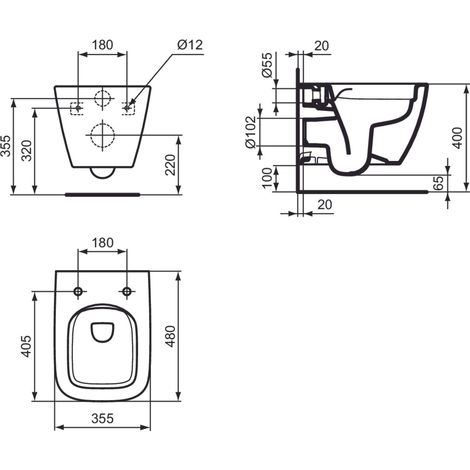 Ideal Standard – WC suspendu Rimless compact blanc – Évacuation horizontale – Technologie de rinçage RimLS+ – Dimensions 355x480x335mm – T459201 (1/5)