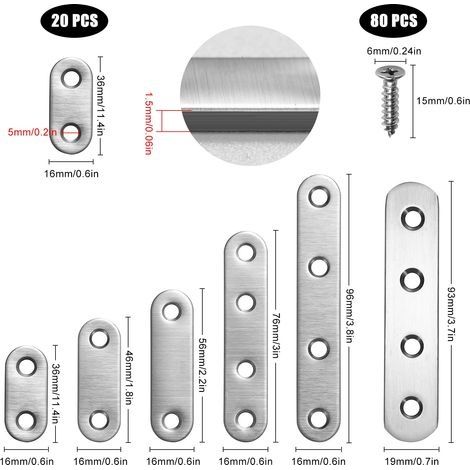 Flache, gerade Befestigungswinkel, flache Metallwinkel mit Schrauben für Holz-, Möbel- und Schrankreparaturen, Silber, 20 Stück (1/4)