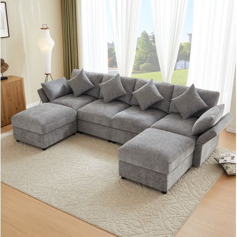 Divano modulare U/L 284x156,5x86 cm in ciniglia grigia con 2 pouf – MEUBLIV (1/5)