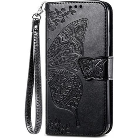Custodia a portafoglio per iPhone 14, realizzata in similpelle PU con motivo 3D a farfalla e fiore, dotata di pulsanti laterali reattivi e scomparto per carte. (1/2)