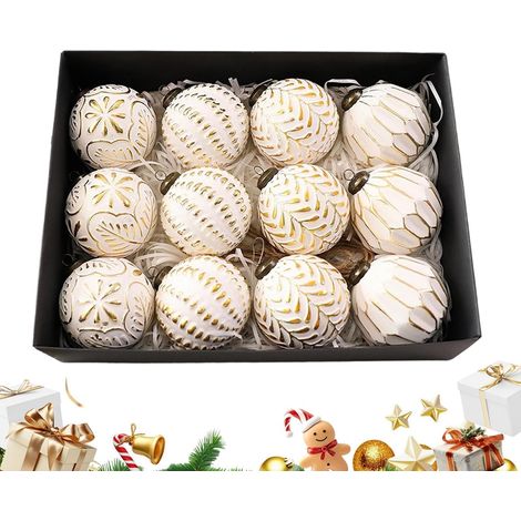 Kerstballen- decoratieve hangornamenten- 12 stuks- vintage kerstballen- vintage kerststijl- veelzijdige seizoensdecoratie- voor woonkamers- tuinen- ramen en deuren(Wit) (1/5)
