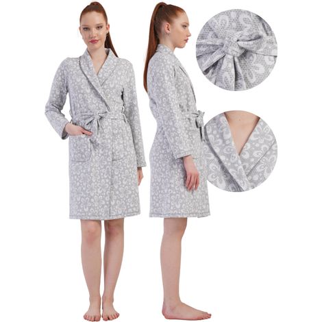 Damen-Bademantel aus Interlock, Größe 1XL, mit Bindebändern und Taschen, warm, angenehm, stilvoll (1/5)