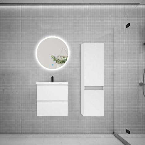 Ensemble meuble vasque L.50cm 2 tiroirs + lavabo + LED miroir rond 60cm + colonne A,blanc (1/5)
